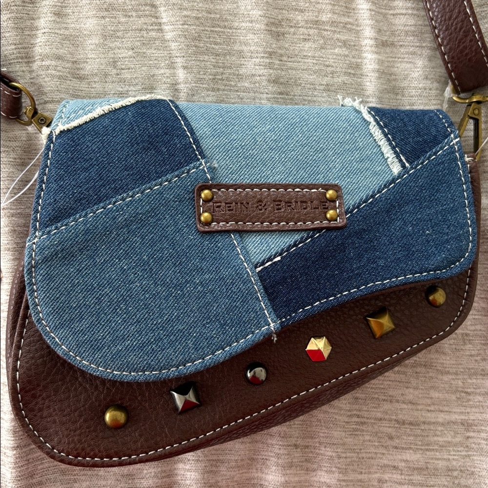 Denim Patchwork Crossbody with Brown Trim